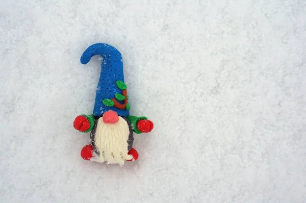 Figure Gnome Made Plasticine Background Snow — Stock Photo, Image