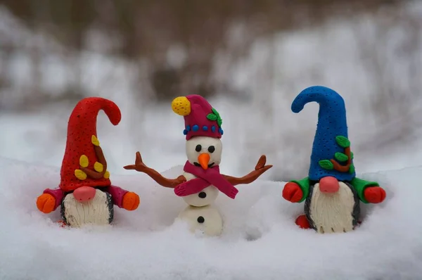 Snowman Dwarf Figures Winter Forest — Stock Photo, Image