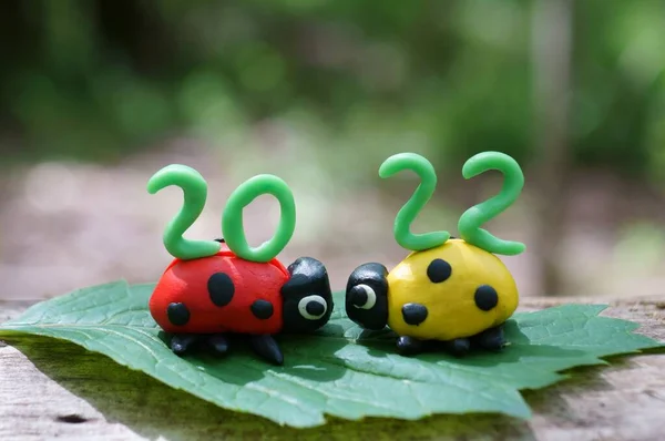 Figurky Dvou Berušek Plasticinu Vrcholu Kalendářní Datum 2022 — Stock fotografie