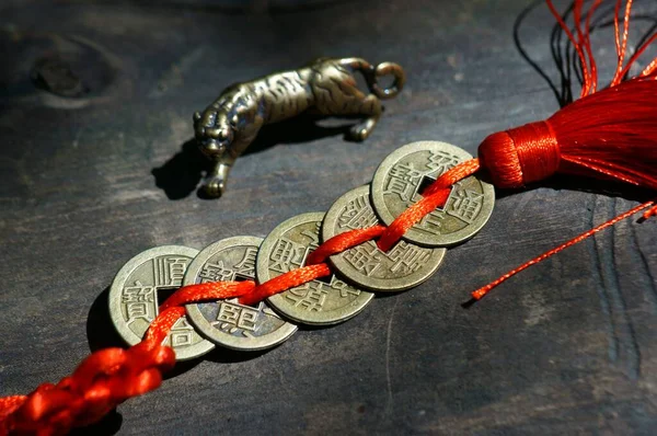 Fénykép Egy Tigris Figuráról Kínai Érmékkel Szimbólum Feng Shui Egy — Stock Fotó