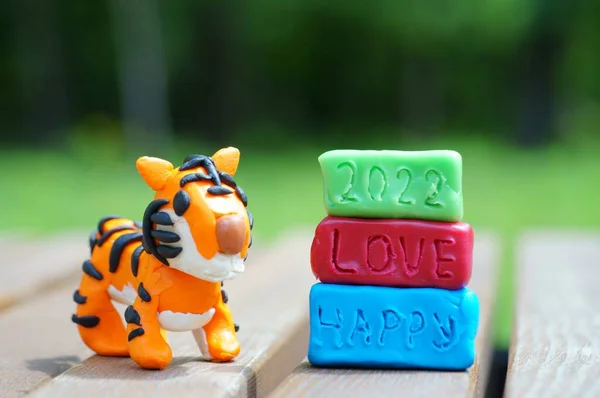 Figura Tigre Hecha Plastilina Junto Inscripción 2022 Amor Felicidad —  Fotos de Stock