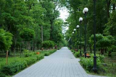 Boş bir eğlence parkında yaya yolu.