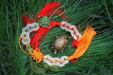 Yeşil çimlerin üzerinde Çin parası olan metal bir kaplumbağa heykeli..