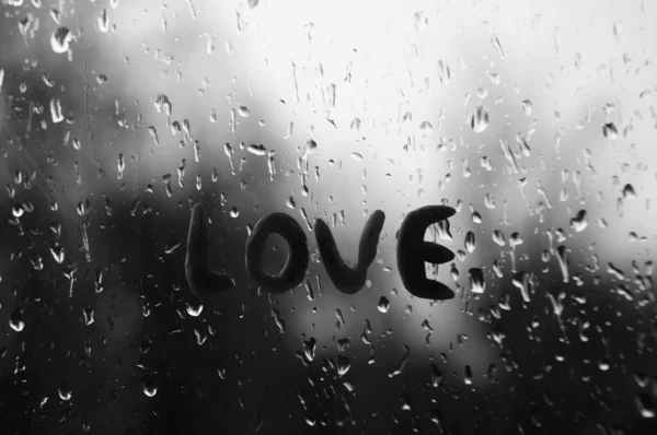 Inscription Love Wet Window — Stock Photo, Image