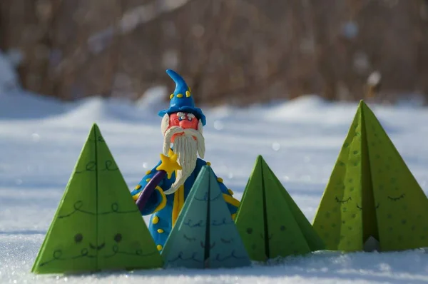 Origami Paper Toy Christmas Trees Snowy Forest Next Figure Wizard — Stock Photo, Image