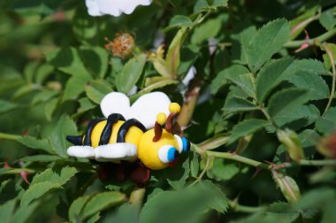 Gül ağacının dalında plastikten yapılmış bir arı biblosu..