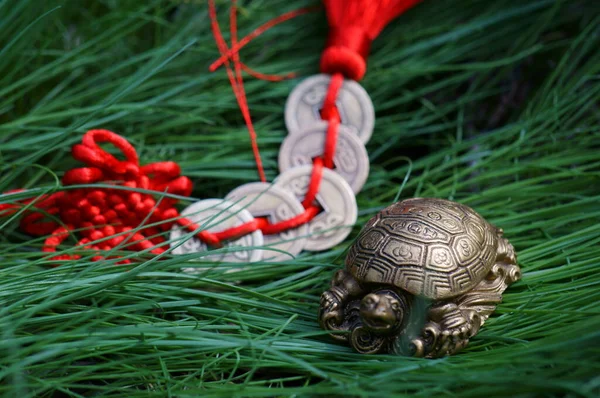Een Metalen Schildpad Beeldje Met Een Chinese Munt Het Groene — Stockfoto