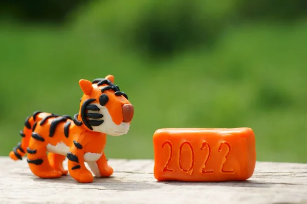 Uma Figura Tigre Feita Plasticina Próximo Número 2022 — Fotografia de Stock