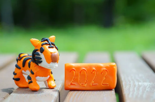 Uma Figura Tigre Feita Plasticina Próximo Número 2022 — Fotografia de Stock