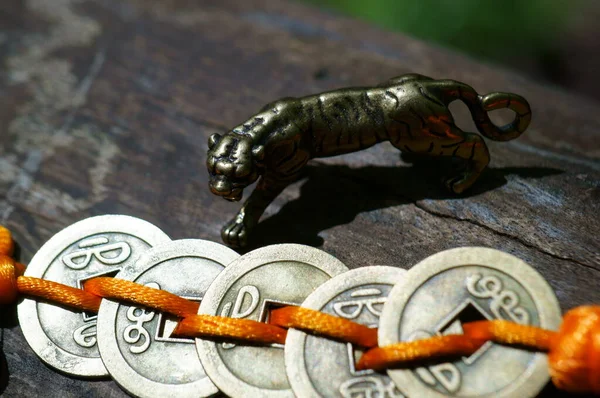 一只金属老虎和一堆中国硬币在树枝上 免版税图库照片