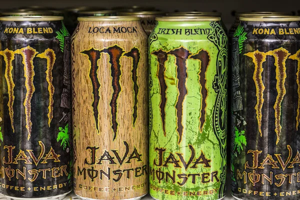Indianapolis - Circa August 2016: Monster Beverage Display. Monster Corporation manufactures energy drinks including Monster Energy II — Stock Photo, Image