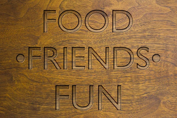 Food Friends Fun Настінне Мистецтво Дерев Яному Тлі Різьбленому Антикварному — стокове фото
