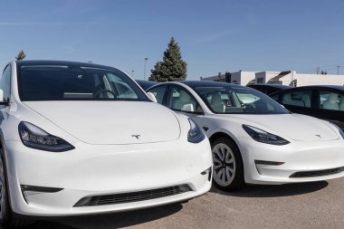 Indianapolis - Takriben Mart 2021: Tesla elektrikli araçları satışa hazır bekliyor. Tesla ürünleri arasında elektrikli arabalar, batarya enerji deposu ve güneş panelleri yer alıyor.