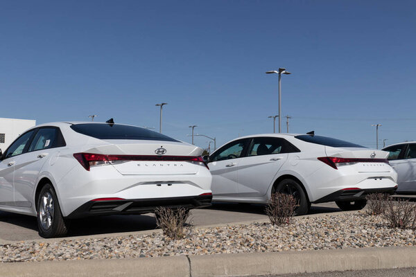 Noblesville - Circa March 2021: Hyundai Elantra awaiting dealer prep. Hyundai is a South Korean Multinational Automotive Manufacturer.