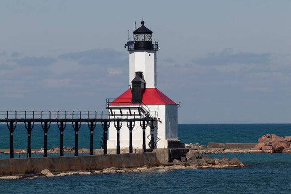 Michigan City - Circa April 2021: Michigan City Breakwater lighthouse. Built in 1904, the Michigan City lighthouse is on the National Register of Historic Places.