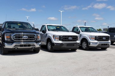 Plainfield - Nisan 2021: Ford F150 bir galeride sergileniyor. Ford F-150 XL, XLT, Lariat, King Ranch, Platinum ve Limited modellerinde mevcuttur..