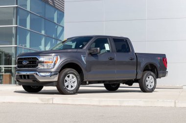 Kokomo - Ağustos 2021: Ford F-150 bir galeride sergileniyor. Ford F150 XL, XLT, Lariat, King Ranch, Platinum ve Limited modellerinde mevcuttur..