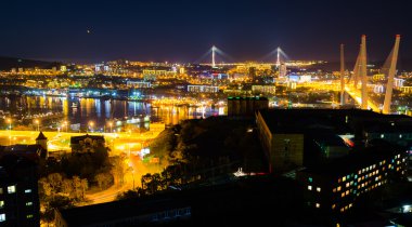 Vladivostok şehrinin gece panoraması. Rusya