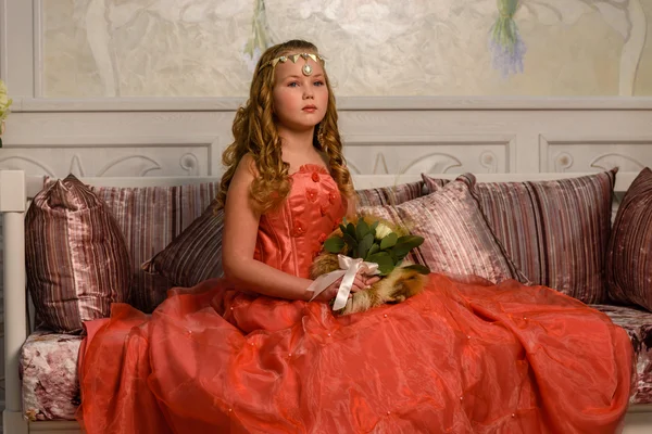 Little girl in dress with flowers — Stock Photo, Image