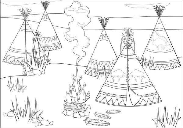 Окраска с остановкой индейцев в прериях — стоковый вектор