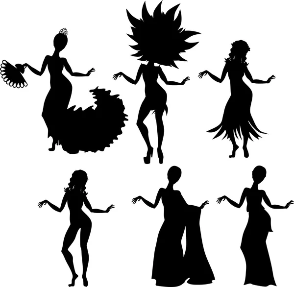 Silueta de niña y varios trajes de baile — Vector de stock