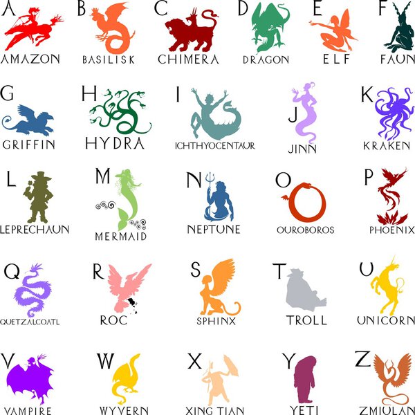 Alphabet with silhouettes of mythical creatures
