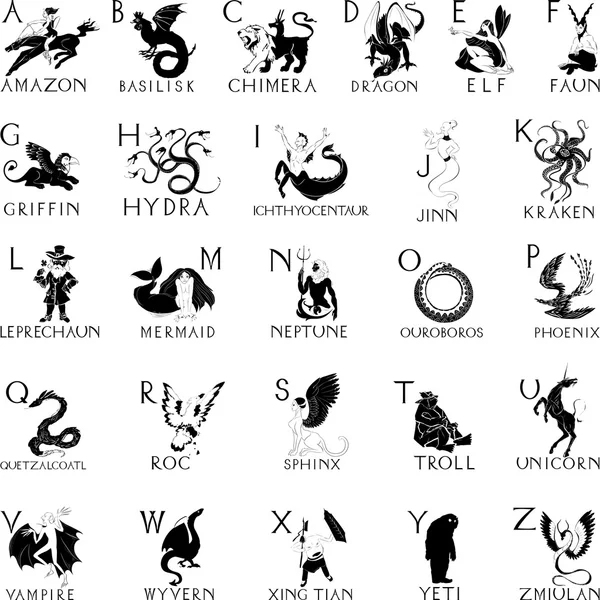 Alphabet avec des silhouettes de créatures mythiques — Image vectorielle