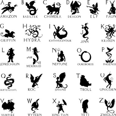 Alphabet with silhouettes of mythical creatures clipart