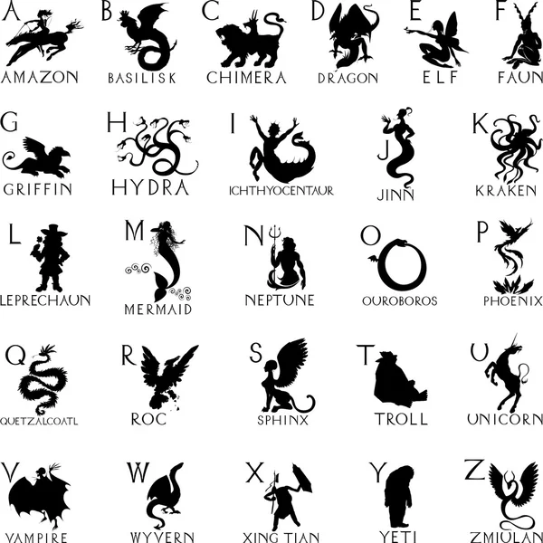 Alphabet with silhouettes of mythical creatures — Stock Vector