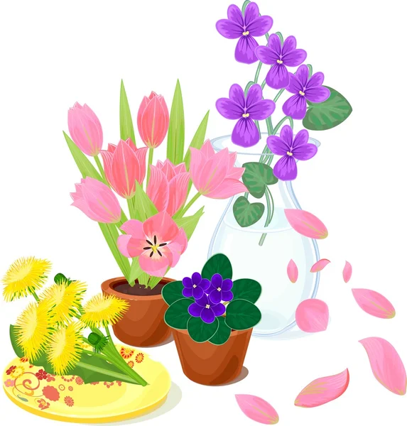 Flowers in pots and dandelions — Stock Vector