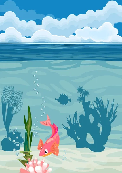 Paysage sous-marin avec poissons roses et silhouettes de corail — Image vectorielle