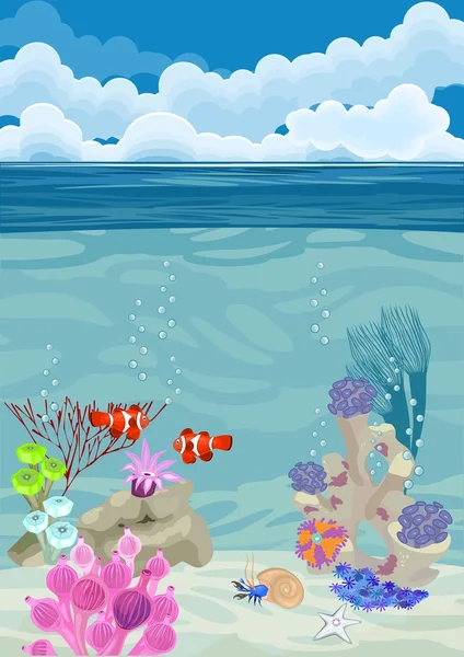 Sfondo paesaggio subacqueo con diversi coralli e pesci pagliaccio — Vettoriale Stock