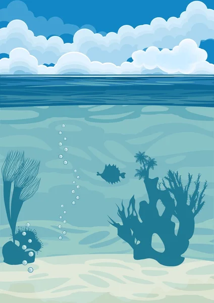 Fondo paisaje submarino con siluetas de coral — Vector de stock