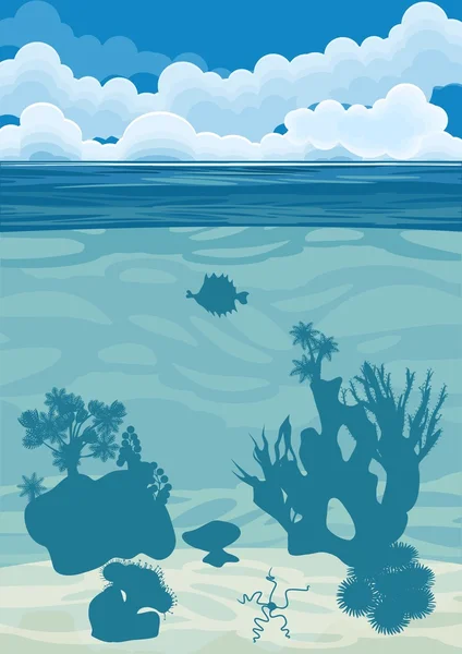 Latar belakang lanskap bawah air dengan siluet karang - Stok Vektor