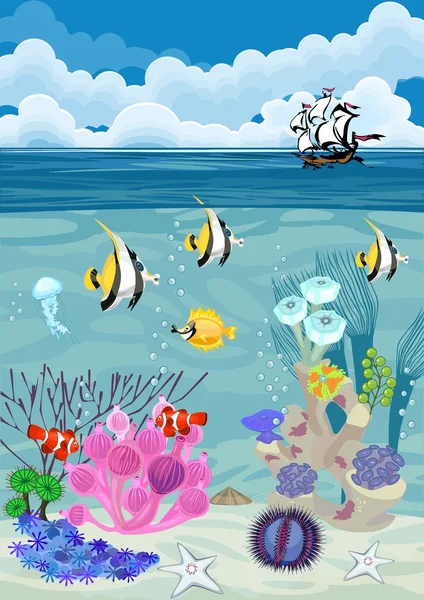 Fondo de paisaje submarino con diferentes corales, peces y barcos — Vector de stock