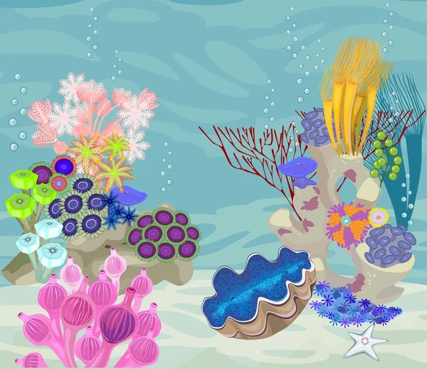 Подводный пейзаж с различными кораллами и тридакной — стоковый вектор