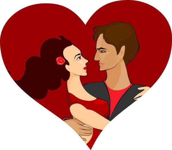 Unga par på rött hjärta bakgrund — Stock vektor