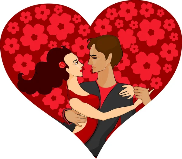 Young couple on red heart background — Stock Vector