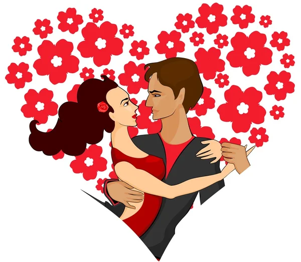 Pareja joven sobre fondo rojo del corazón — Vector de stock