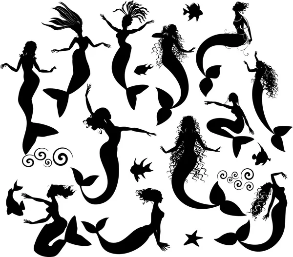 Silhouetten von Meerjungfrauen und Fischen — Stockvektor