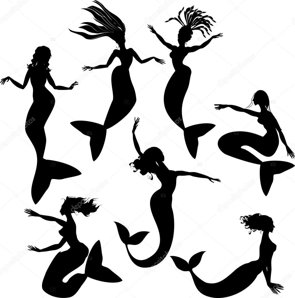 Set of silhouettes of mermaids