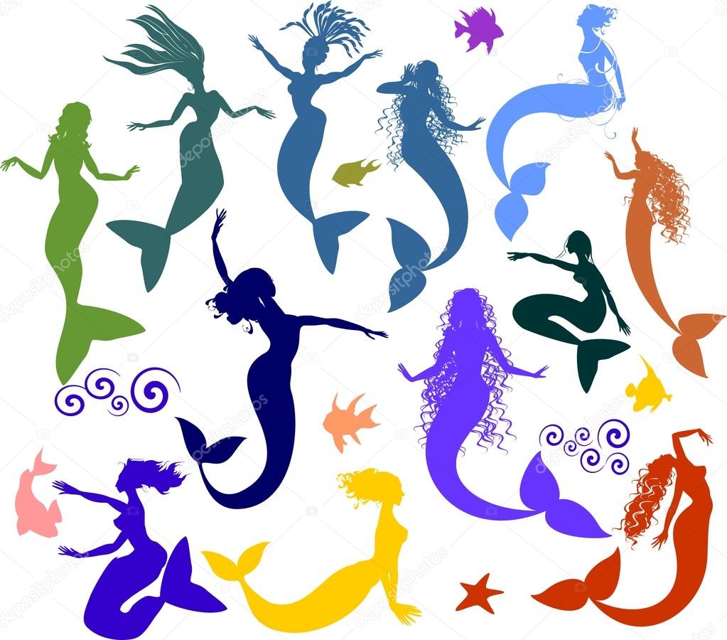 Set of silhouettes of mermaids and fishes