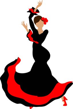  Beyaz arka planda kırmızı çizgili siyah elbiseli flamenko dansçı silueti.