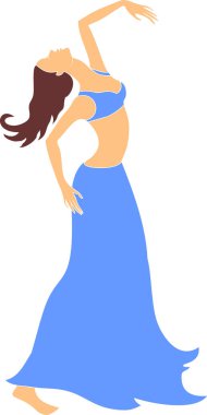 Mavi elbiseli dansçı beyaz arka planda izole edilmiş.