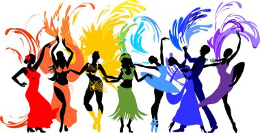 Çeşitli stil dansları. Bir grup balerin, flamenko, oryantal dans, hula, samba, vals, çağdaş ve renkli havai fişek beyaz arka planda izole edilmiş.