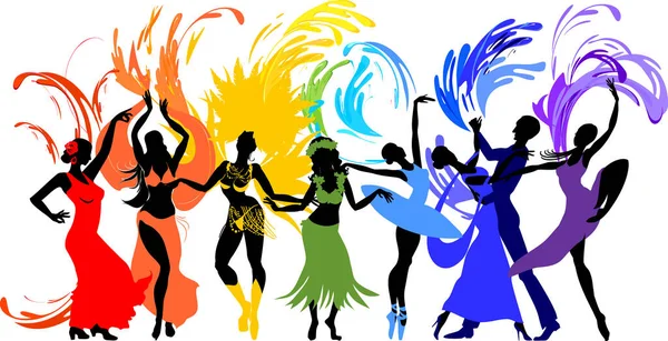 Various Style Dancing Group Silhouettes Dancers Ballet Flamenco Oriental Dance — Stock Vector