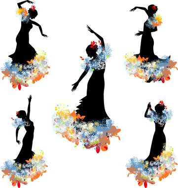Five silhouettes of flamenco dancer clipart