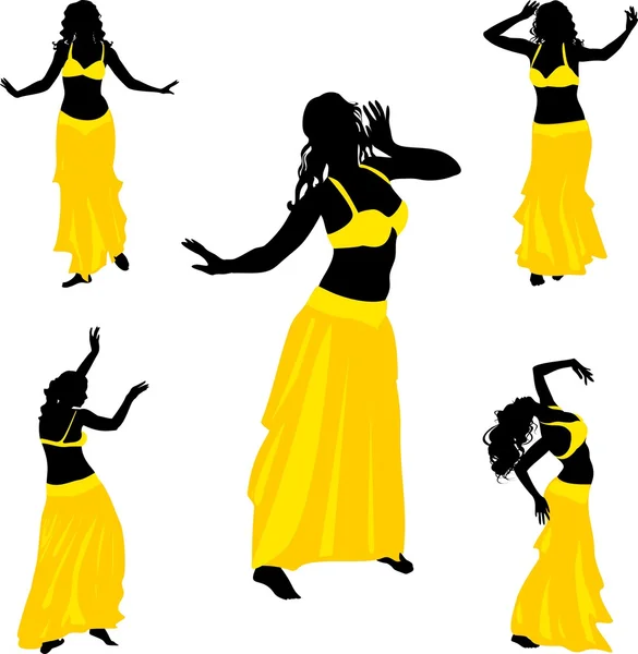 Five silhouettes of belly dance dancer — Stock Vector