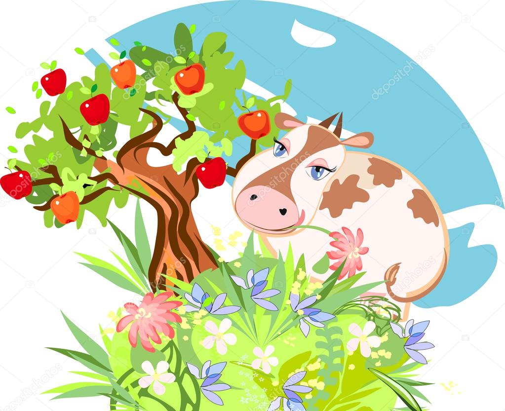 Cute cow with a flower and apple tree