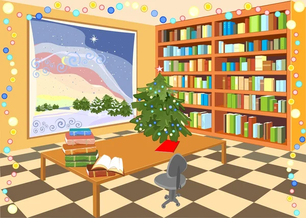 Interieur van de bibliotheek met kerstboom — Stockvector